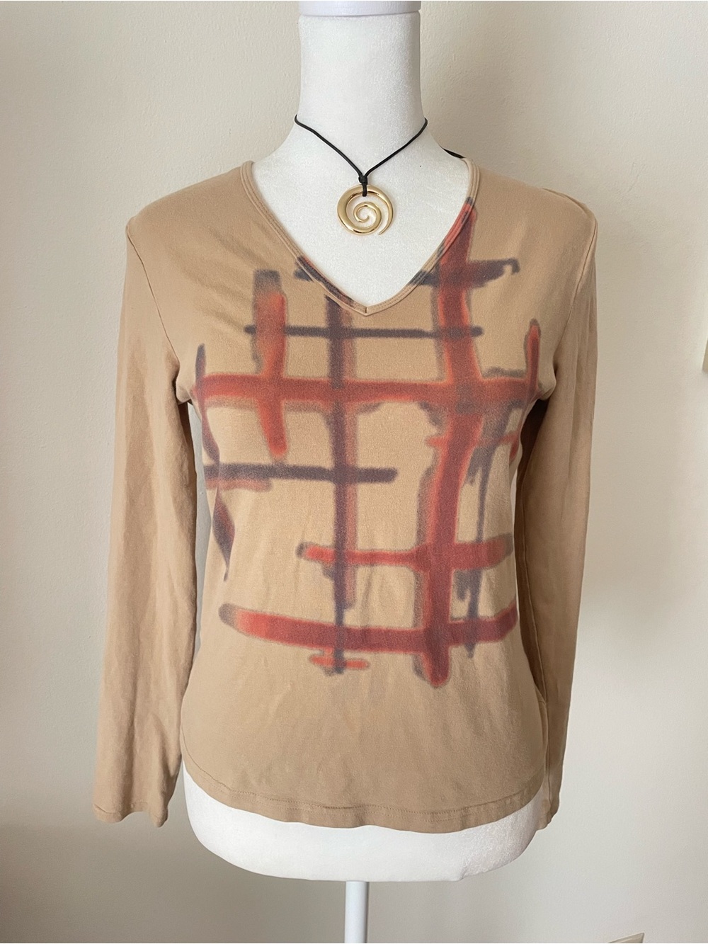 Gap Vintage Y2K V-Neck Long Sleeve Tee Neutral Tan Brown Airbrush Graphic Small